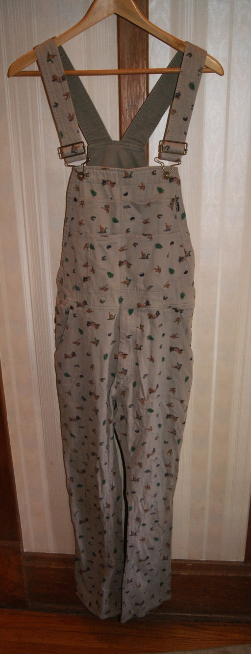 KAVU Mens Sasquatch Bigfoot Print Overalls Tan Canvas Bibs Medium Outdoor Wear